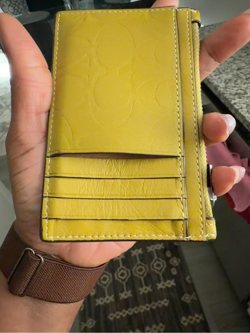 Coach signature zip card case wallet chartreuse yellow green.